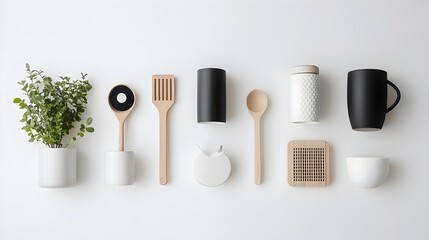 Poster - Neatly Arranged Assortment of Household Objects Against a Pristine White Background Showcasing a Scandinavian Inspired Design Aesthetic with High Key Lighting and a Clean Crisp Visual