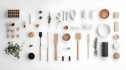 Poster - Striking and dynamic asymmetrical arrangement of various everyday household necessities and items against a plain white background