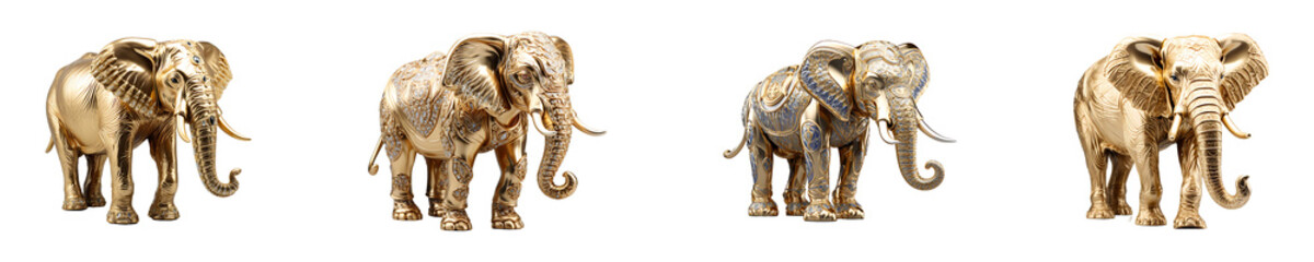 Set, collection of Gold Plated Elephant Statue isolated on transparent background.