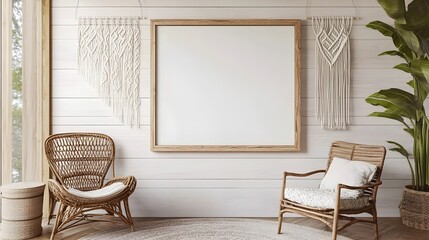 Mockup frame displayed in a cozy farmhouse style living room with knotty pine frame shiplap accent wall rattan side chair and a neutral macrame wall hanging  3D render with a look