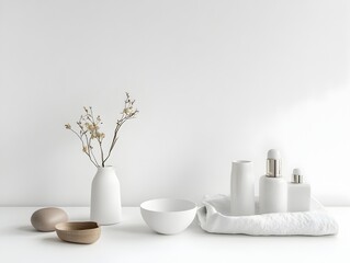 Poster - Stylized still life of familiar domestic objects arranged in a pure white setting with careful of items to create visual interest and an understated sophisticated aesthetic