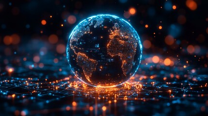 A holographic globe showcases detailed continents, glowing connections, and sparks in a vibrant digital environment, emphasizing technology's impact.