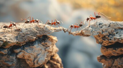 A group of ants working together to form a bridge across a gap between two rocky ledges.