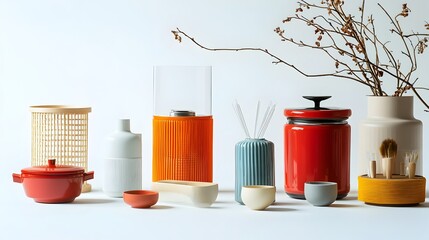 Poster - Visually striking still life composition featuring an arrangement of practical household items on a clean white background  The high key photographic style and crisp