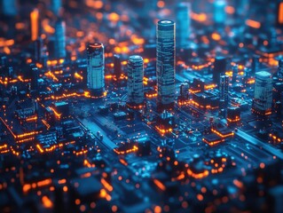 Wall Mural - aerial view of a glowing smart city grid integrated with circuit board patterns neon blue lines connecting skyscrapers data streams and holographic displays futuristic urban landscape