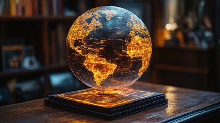Poster - A detailed holographic globe highlights geographic features with glowing lines, placed on a wooden surface in a cozy, dimly lit study.