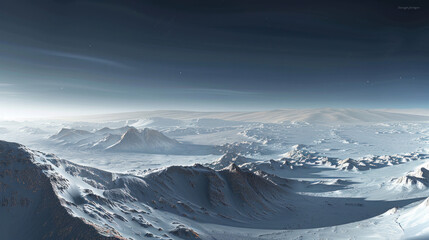 Wall Mural - A panoramic view of Mars' polar ice caps under a clear sky, showing the vast expanse of ice and the subtle curvature of the planet's surface