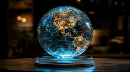 Poster - The holographic globe features illuminated continents and an intricate display of city lights, set in a contemporary office during evening hours.