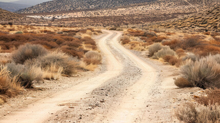 Wall Mural - A narrow dirt road winding through an empty, barren desert, fading into the distance with no visible destination, surrounded by endless sand and dry shrubs