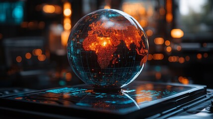 Poster - A holographic globe illuminates with vibrant data visuals, prominently displaying global information in a sleek, advanced environment.