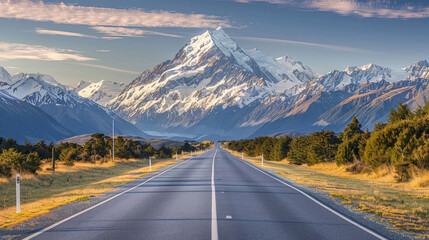 Wall Mural - A long, straight road stretching towards towering snow-capped mountains, with the peaks glowing in the early morning light and the road lined by evergreen trees