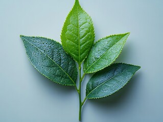 Wall Mural - aerial view of fresh green tea leaf on pristine white background vibrant color contrast sharp details and soft shadows highlighting leaf texture