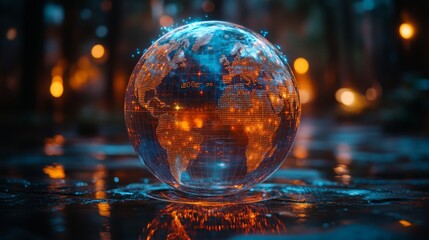 Poster - A holographic globe shows intricate geographic data amidst a vibrant urban scene, illuminated by city lights at twilight.