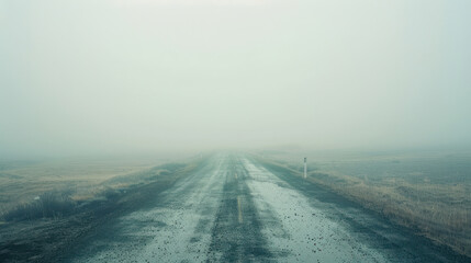 Wall Mural - A long, desolate road stretching into the horizon, gradually disappearing into a thick, eerie fog, giving the impression that it leads to nowhere