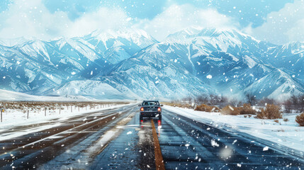 Wall Mural - A lone car driving cautiously on an icy road, with snowflakes falling gently, the road slick and shiny, and snow-covered mountains visible in the distance