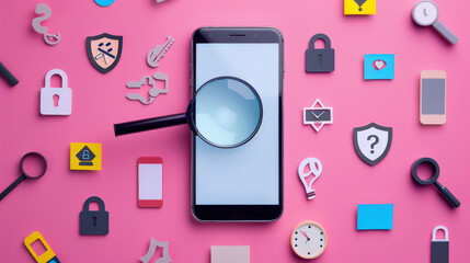 Wall Mural - A flat lay of a smartphone with a magnifying glass hovering over it, surrounded by privacy-related icons like a lock, shield, and question mark, representing concerns about data security