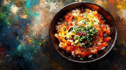 A steaming bowl of fried rice adorned with green onions and sesame seeds.