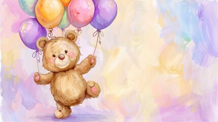 Poster - Clip art of a cute teddy bear hanging from balloons