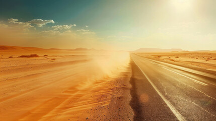 Wall Mural - A desolate desert road under a scorching sun, with heat waves rising from the asphalt, sand encroaching onto the road, and no sign of life for miles