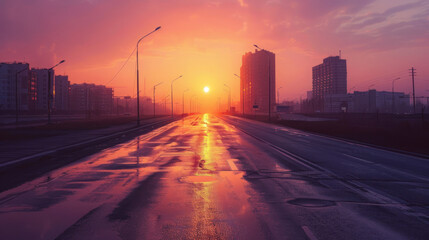 Wall Mural - A deserted city road at dawn, with the buildings silhouetted against the rising sun, the road wet from overnight rain, reflecting the soft pink and orange hues of the sky