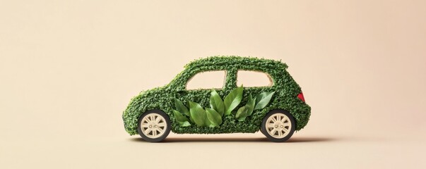 Wall Mural - Green car covered in leaves symbolizing eco-friendly transportation on beige background