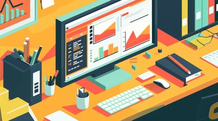 Poster - Illustrated office desk with computer displaying business charts and documents, perfect for corporate and business themes.