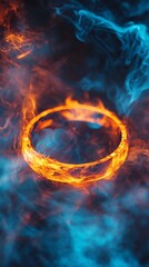 Canvas Print - Golden ring surrounded by blue and orange smoke on black background