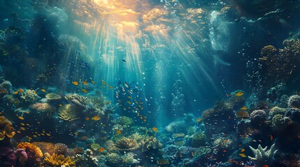 Wall Mural - Underwater Coral Reef with Sunbeams.