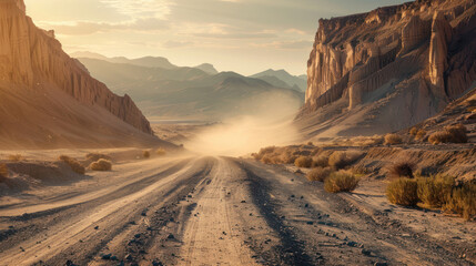 Wall Mural - A dusty, gravel road cutting through a remote desert valley, with jagged cliffs rising on either side, under a bright, harsh sun