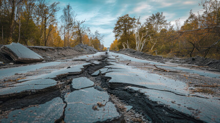 Wall Mural - A cracked road through an earthquake-damaged landscape, with large fissures and broken asphalt, surrounded by toppled trees and rocks, the aftermath of a natural disaster