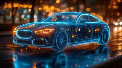 Poster - A glowing holographic interface depicting a car is showcased on a lively street at night, illustrating advanced management and booking functionalities.