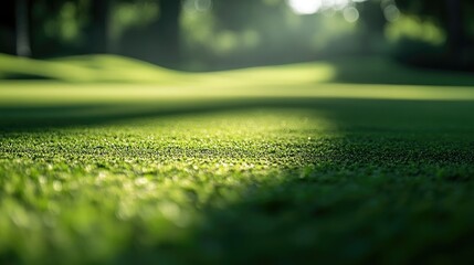 Poster - A close-up of a framed golf course with a blurred green background, highlighting the beauty of the fairway