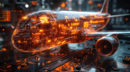 Poster - A holographic interface displays flight booking options with a digital airplane model glowing in an intricate, high-tech setting.