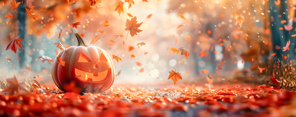 halloween concept, huge jack pumpkin, falling autumnal leaves, copy space, autumn theme