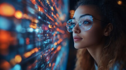 Poster - A young woman wearing glasses interacts with a holographic display, showing dynamic data visualizations in a dark, urban setting.