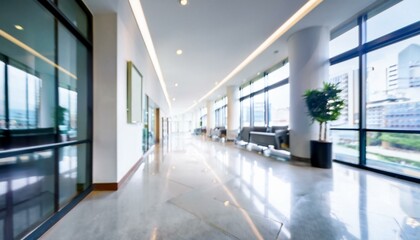 Wall Mural - Blurred hotel or office building lobby blur background interior view toward reception hall, modern luxury white room space with blurry corridor and building glass wall window