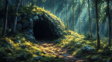 Wall Mural - A serene forest scene featuring a rocky cave entrance.