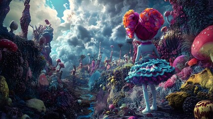 Poster - A conceptual and imaginative digital artwork depicting a doll immersed in a surreal fantastical landscape with vibrant and unusual elements interacting with the doll in a dreamlike