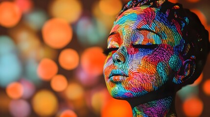 Poster - A conceptual image of a doll with vibrant abstract patterns projected onto it almost making it blend seamlessly with the background creating a captivating and enigmatic visual experience
