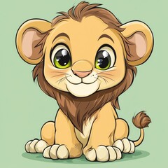 Cartoon Illustration of a Sitting Lion Cub with Big Eyes