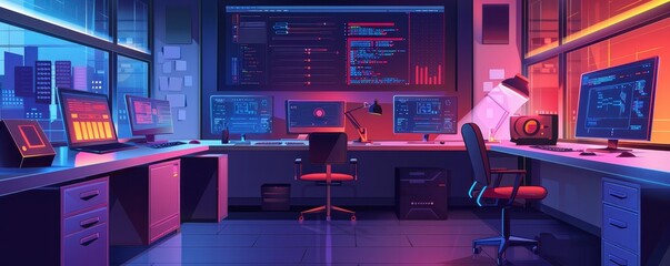 Poster - Modern high-tech control room with multiple computer screens, colorful lighting, and advanced equipment for data analysis and monitoring.