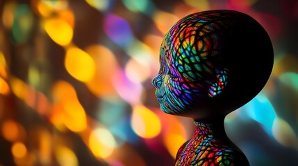 Poster - A captivating conceptual image of a doll with vibrant abstract patterns projected onto it almost making it blend seamlessly with the background creating a surreal and mesmerizing visual experience