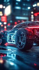 Canvas Print - Futuristic electric car driving on cyberpunk city street