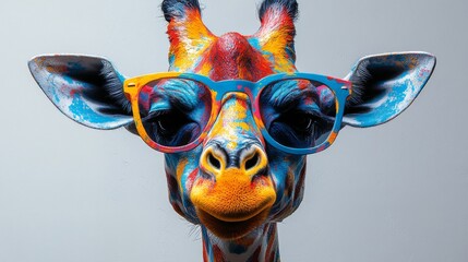 Colorful giraffe wearing sunglasses posing on white background