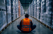 © Azazul - A worker in an orange safety vest sits on the floor of a warehouse,