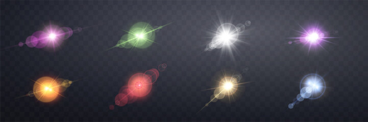 Wall Mural - Different colors sunlight lens flare, sun flash with rays and spotlight. Glowing burst explosion on a transparent background.  
Vector illustration.