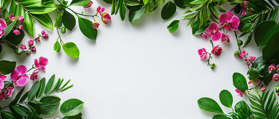 Wall Mural - Delicate fuchsia and lime green summer leaves with tiny exotic orchids on a white backdrop. with empty copy space Minimalistic, high resolution, clear sharp focus, hyper-detailed. 