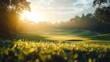 © pinporn manosri - A golf course framed in a modern style, with a blurred sunrise background, capturing the early morning serenity