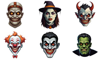 Set of cartoon horror devil, frankenstein, clown, witch, vampire, mummy character faces. vector illustration of evil devil, frankenstein, clown, witch, vampire, mummy smile scary circus monsters.