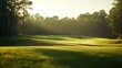 © pinporn manosri - A golf course with a perfectly cut fairway, blurred forest in the background, showcasing the course natural setting